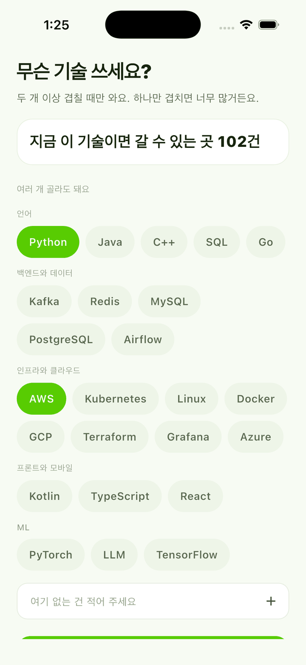 기술 고르는 화면. 언어 · 백엔드와 데이터 · 인프라와 클라우드 · 프론트와 모바일 · ML 묶음으로 기술 칩이 놓여 있습니다.